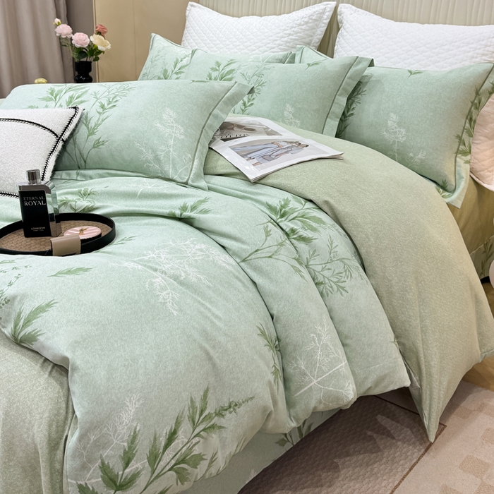 91家纺网 家纺一手货源 找家纺 凌鼎 2025新款100%全棉磨毛四件套数码印花加厚纯棉磨毛四件套 叶初开绿