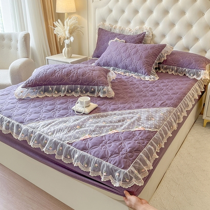 麒豆豆 2025新款色织蕾丝边床裙款床笠-花亦然 花亦然-浪漫紫