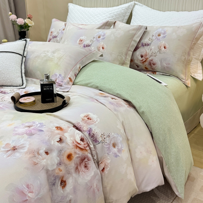 91家纺网 家纺一手货源 找家纺 凌鼎 2025新款100%全棉磨毛四件套数码印花加厚纯棉磨毛四件套 颜玉绿