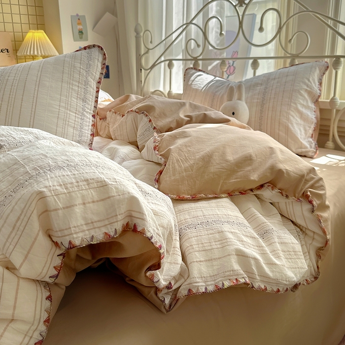 91家纺网 家纺一手货源 找家纺 田野 2025新款全棉水洗棉提花四件套 小树林-咖