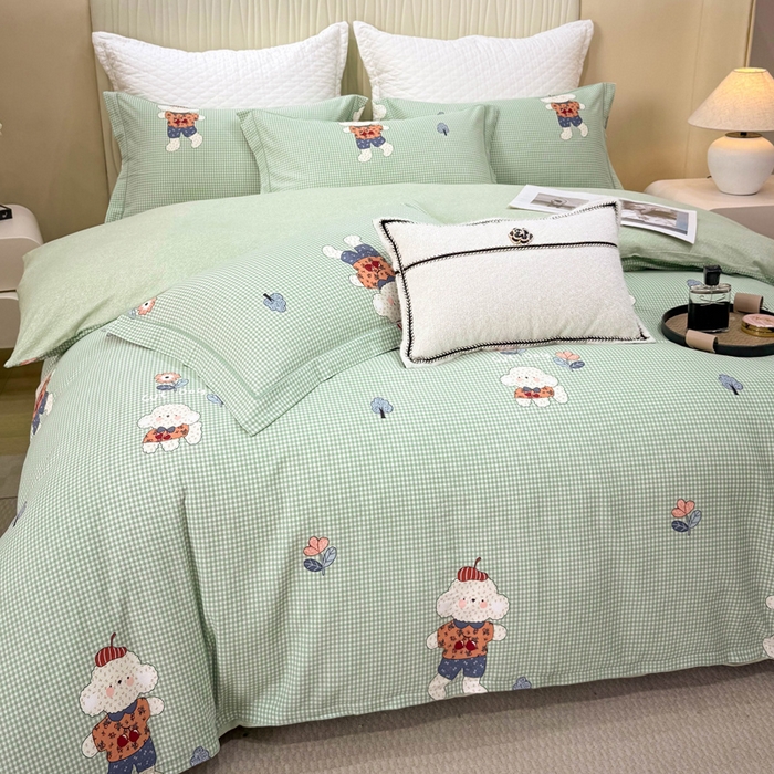 91家纺网 家纺一手货源 找家纺 凌鼎 2025新款100%全棉磨毛四件套数码印花加厚纯棉磨毛四件套 贴布小熊兰