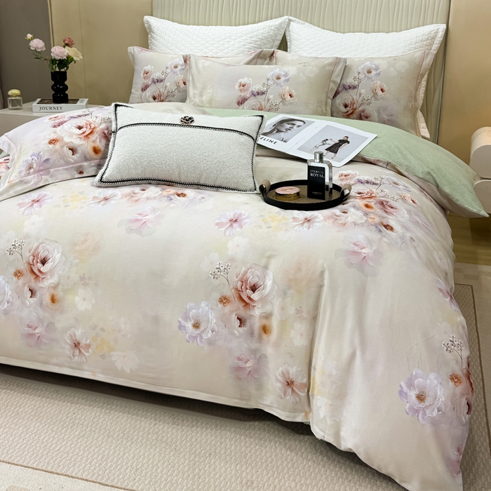 91家纺网 家纺一手货源 找家纺 凌鼎 2025新款100%全棉磨毛四件套数码印花加厚纯棉磨毛四件套 颜玉绿