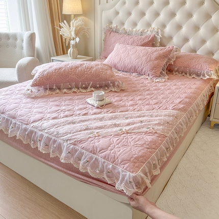 麒豆豆 2025新款色织蕾丝边床裙款床笠-花亦然 花亦然-香妃粉