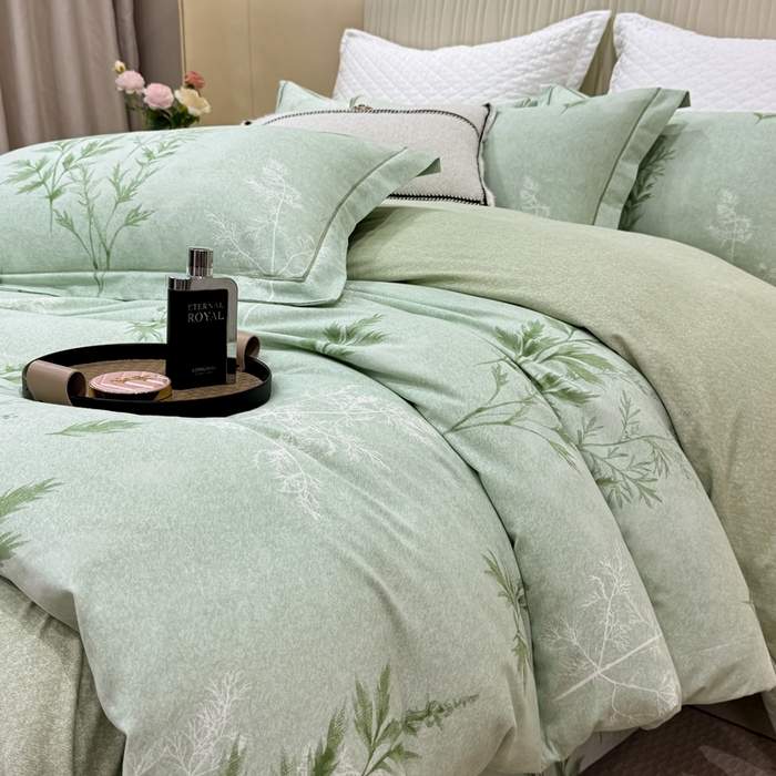 91家纺网 家纺一手货源 找家纺 凌鼎 2025新款100%全棉磨毛四件套数码印花加厚纯棉磨毛四件套 叶初开绿