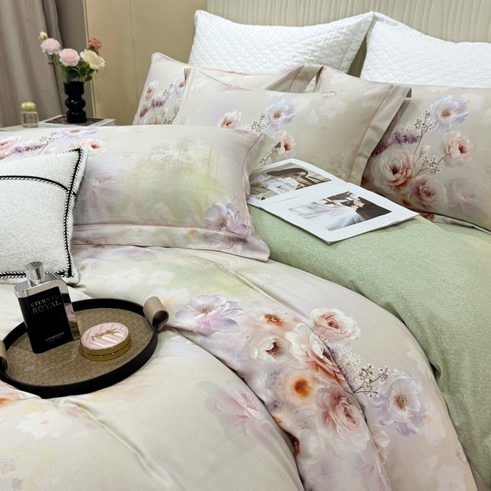 91家纺网 家纺一手货源 找家纺 凌鼎 2025新款100%全棉磨毛四件套数码印花加厚纯棉磨毛四件套 颜玉绿