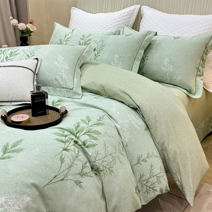 91家纺网 家纺一手货源 找家纺 凌鼎 2025新款100%全棉磨毛四件套数码印花加厚纯棉磨毛四件套 叶初开绿