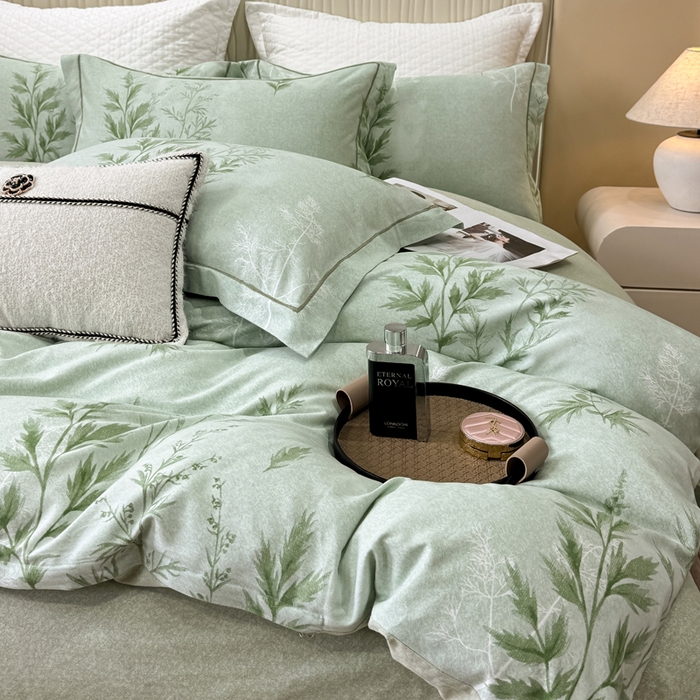 91家纺网 家纺一手货源 找家纺 凌鼎 2025新款100%全棉磨毛四件套数码印花加厚纯棉磨毛四件套 叶初开绿