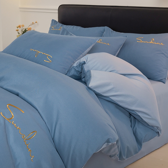 七仙女家纺 2025新款水洗磨毛刺绣轻奢简约系列四件套 繁星兰+兰灰