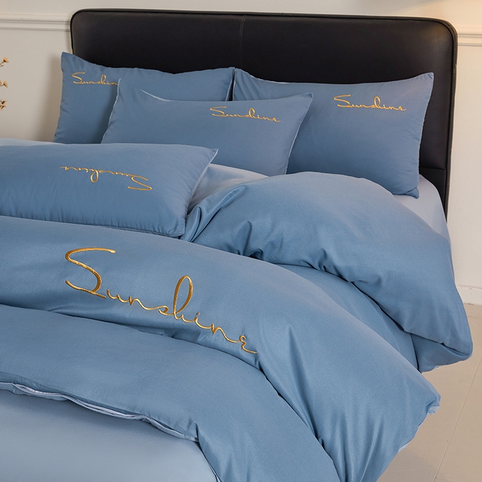 91家纺网 家纺一手货源 找家纺 七仙女家纺 2025新款水洗磨毛刺绣轻奢简约系列四件套 繁星兰+兰灰