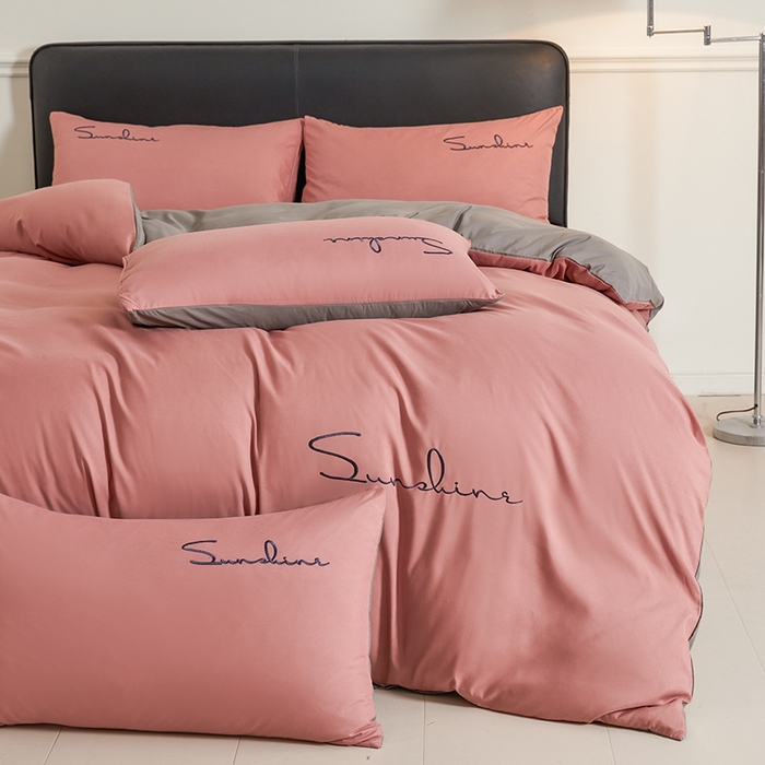 91家纺网 家纺一手货源 找家纺 七仙女家纺 2025新款水洗磨毛刺绣轻奢简约系列单被套单品被套被套单件 豆沙+浅灰