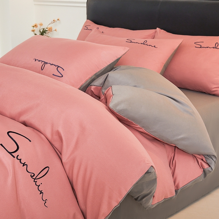 91家纺网 家纺一手货源 找家纺 七仙女家纺 2025新款水洗磨毛刺绣轻奢简约系列单被套单品被套被套单件 豆沙+浅灰