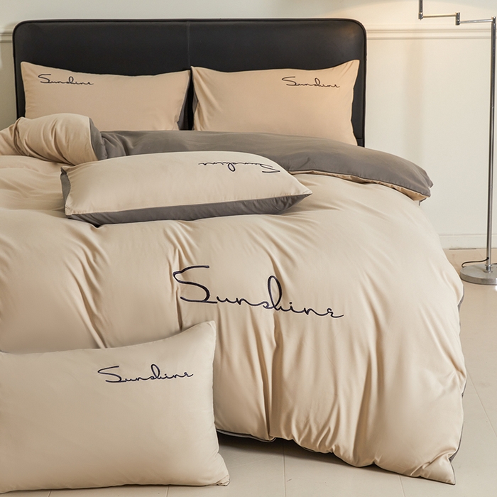 91家纺网 家纺一手货源 找家纺 七仙女家纺 2025新款水洗磨毛刺绣轻奢简约系列单被套单品被套被套单件 奶茶+浅灰