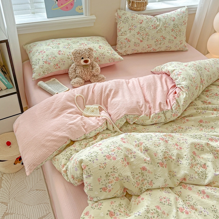 91家纺网 家纺一手货源 找家纺 仟网汇 2025新款云感皱皱纱简单款四件套 若欢绿