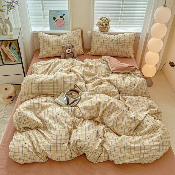 仟网汇 2025新款云感皱皱纱简单款四件套 格子樱桃