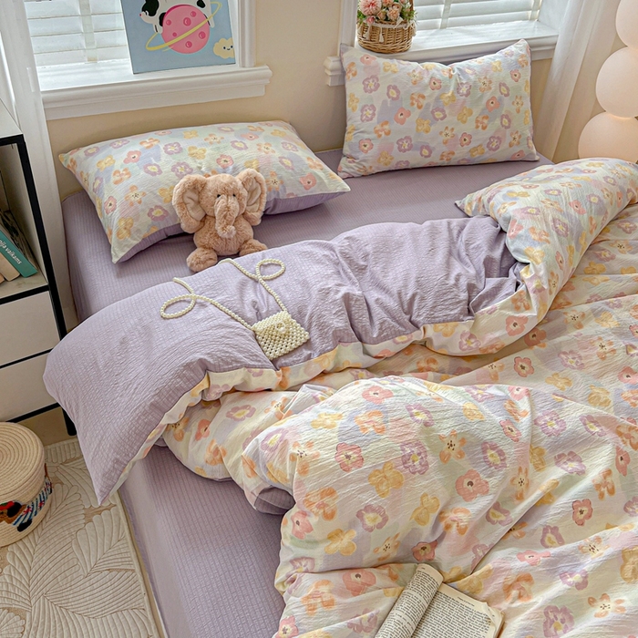 91家纺网 家纺一手货源 找家纺 仟网汇 2025新款云感皱皱纱简单款四件套 花海紫