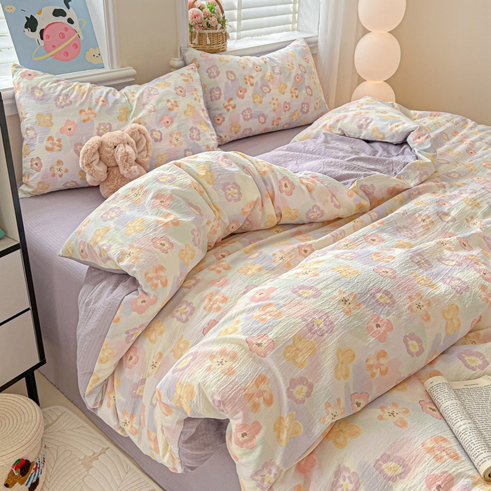 91家纺网 家纺一手货源 找家纺 仟网汇 2025新款云感皱皱纱简单款四件套 花海紫