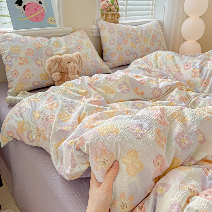 91家纺网 家纺一手货源 找家纺 仟网汇 2025新款云感皱皱纱简单款四件套 花海紫