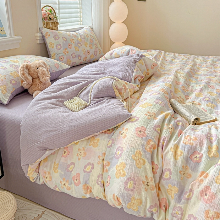 91家纺网 家纺一手货源 找家纺 仟网汇 2025新款云感皱皱纱简单款四件套 花海紫