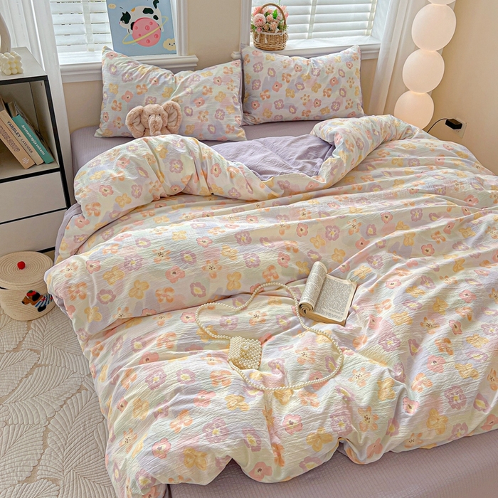 91家纺网 家纺一手货源 找家纺 仟网汇 2025新款云感皱皱纱简单款四件套 花海紫