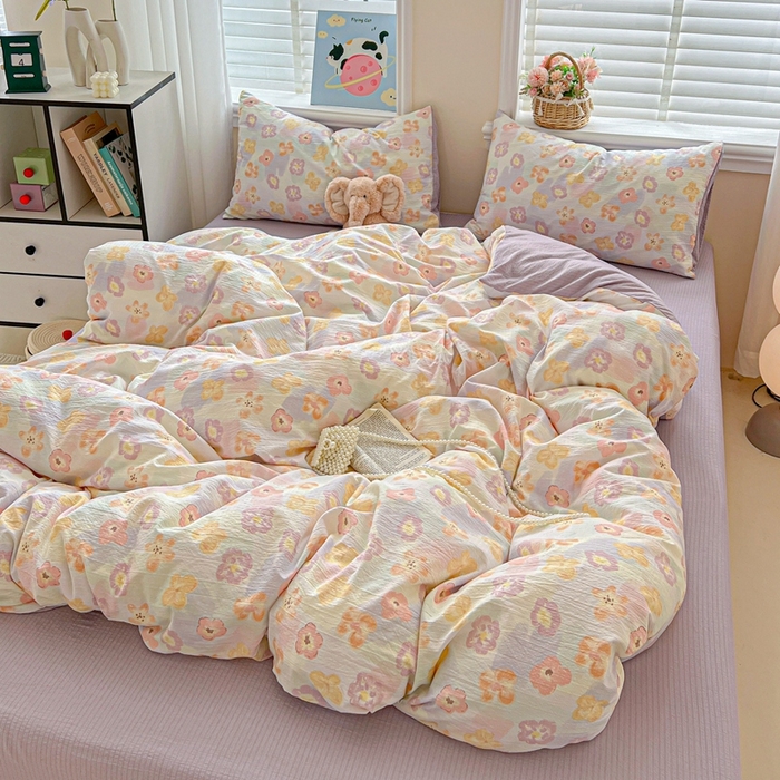 91家纺网 家纺一手货源 找家纺 仟网汇 2025新款云感皱皱纱简单款四件套 花海紫