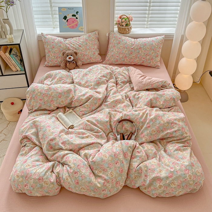 仟网汇 2025新款云感皱皱纱简单款四件套 锦簇玫瑰