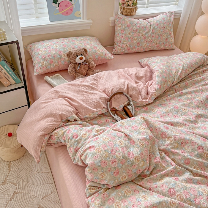 91家纺网 家纺一手货源 找家纺 仟网汇 2025新款云感皱皱纱简单款四件套 锦簇玫瑰