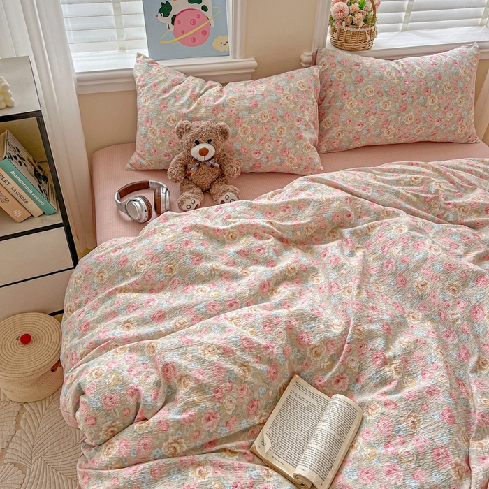 91家纺网 家纺一手货源 找家纺 仟网汇 2025新款云感皱皱纱简单款四件套 锦簇玫瑰