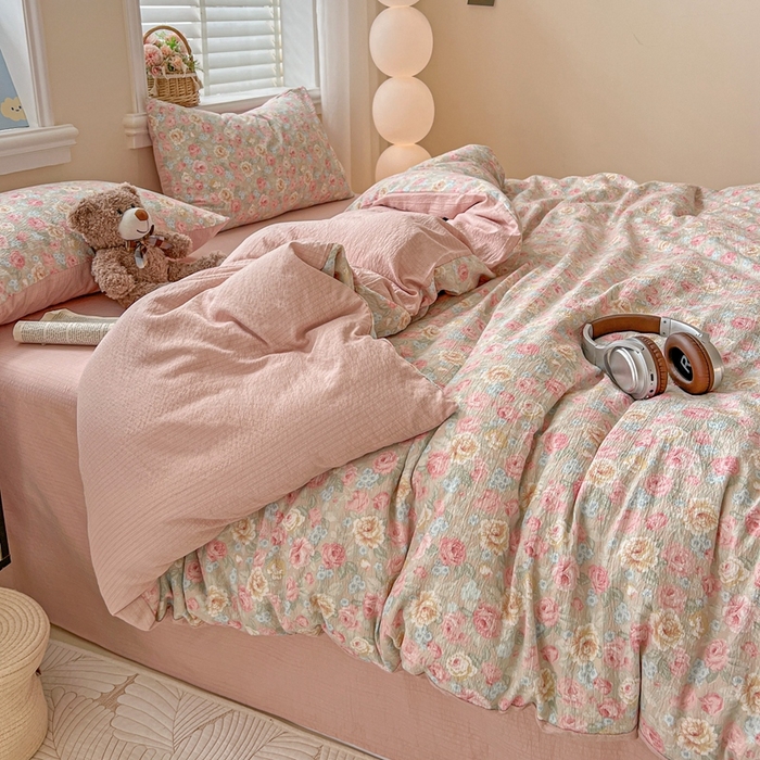 91家纺网 家纺一手货源 找家纺 仟网汇 2025新款云感皱皱纱简单款四件套 锦簇玫瑰