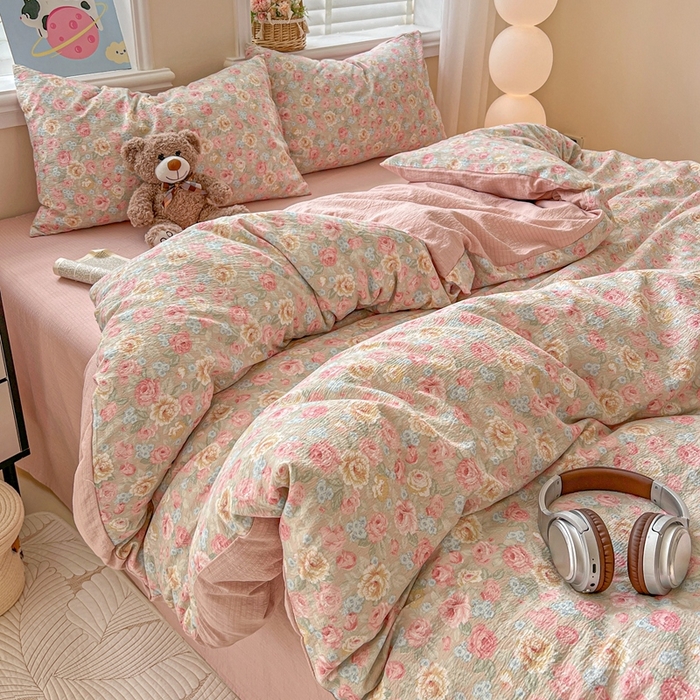 91家纺网 家纺一手货源 找家纺 仟网汇 2025新款云感皱皱纱简单款四件套 锦簇玫瑰