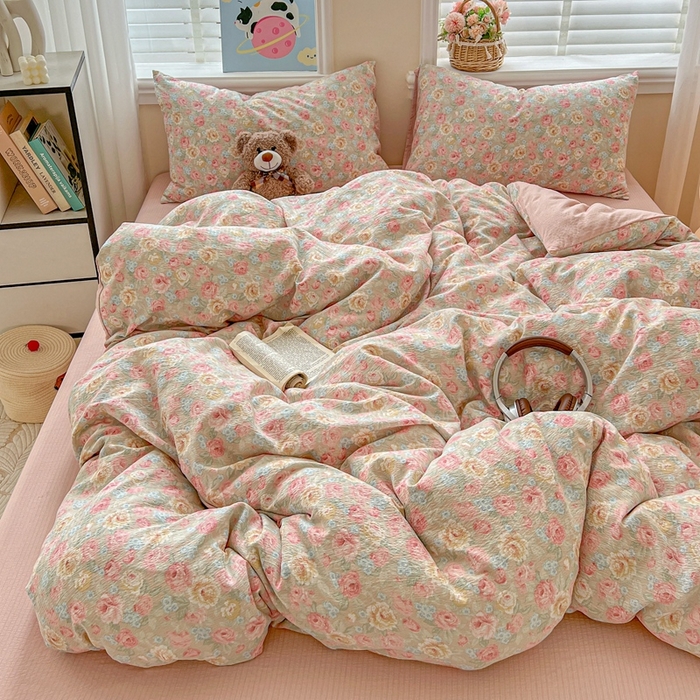 91家纺网 家纺一手货源 找家纺 仟网汇 2025新款云感皱皱纱简单款四件套 锦簇玫瑰