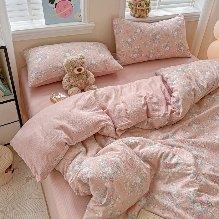 91家纺网 家纺一手货源 找家纺 仟网汇 2025新款云感皱皱纱简单款四件套 莫奈