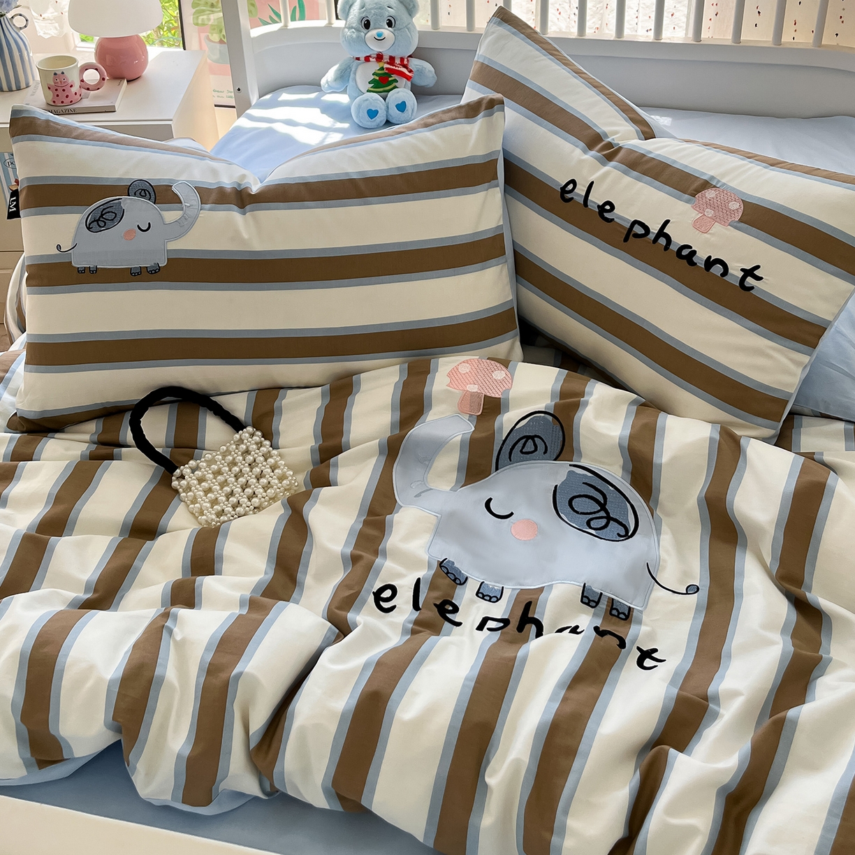 91家纺网 家纺一手货源 找家纺 乐美家纺 2025新款亲肤舒适全棉纯棉贴布绣卡通系列四件套 蘑菇小象