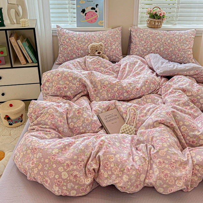 91家纺网 家纺一手货源 找家纺 仟网汇 2025新款云感皱皱纱简单款四件套 十里桃花紫