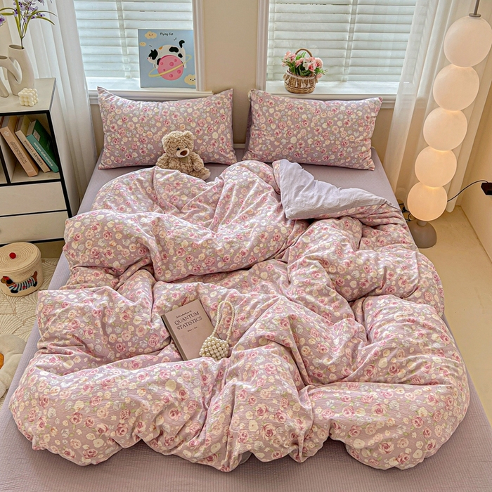 仟网汇 2025新款云感皱皱纱简单款四件套 十里桃花紫