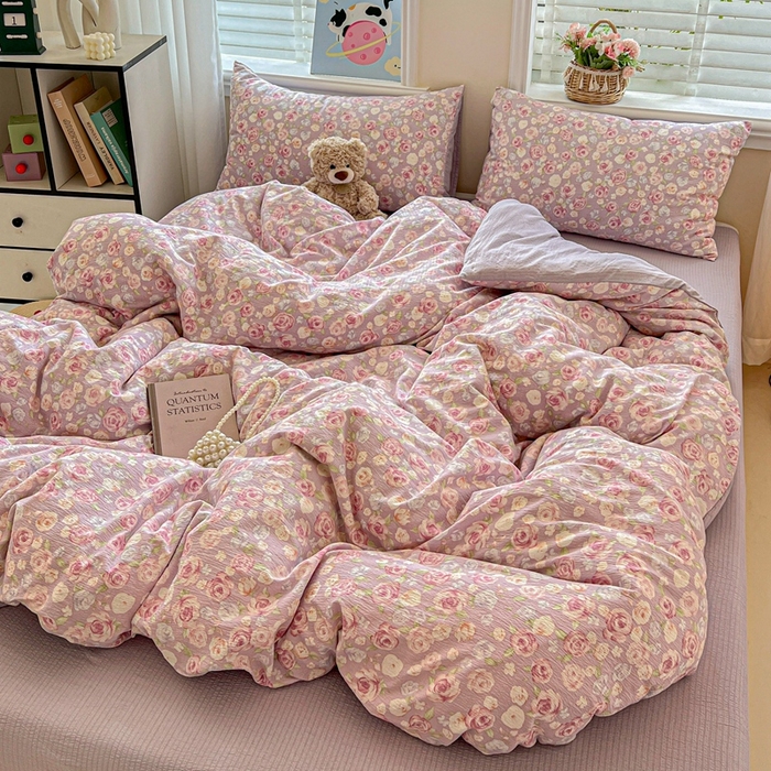 91家纺网 家纺一手货源 找家纺 仟网汇 2025新款云感皱皱纱简单款四件套 十里桃花紫