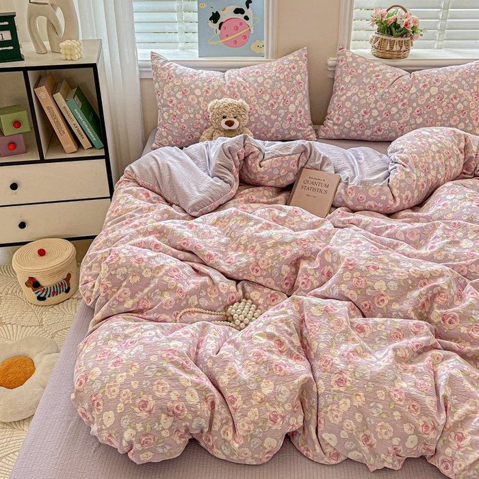 91家纺网 家纺一手货源 找家纺 仟网汇 2025新款云感皱皱纱简单款四件套 十里桃花紫