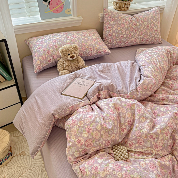 91家纺网 家纺一手货源 找家纺 仟网汇 2025新款云感皱皱纱简单款四件套 十里桃花紫