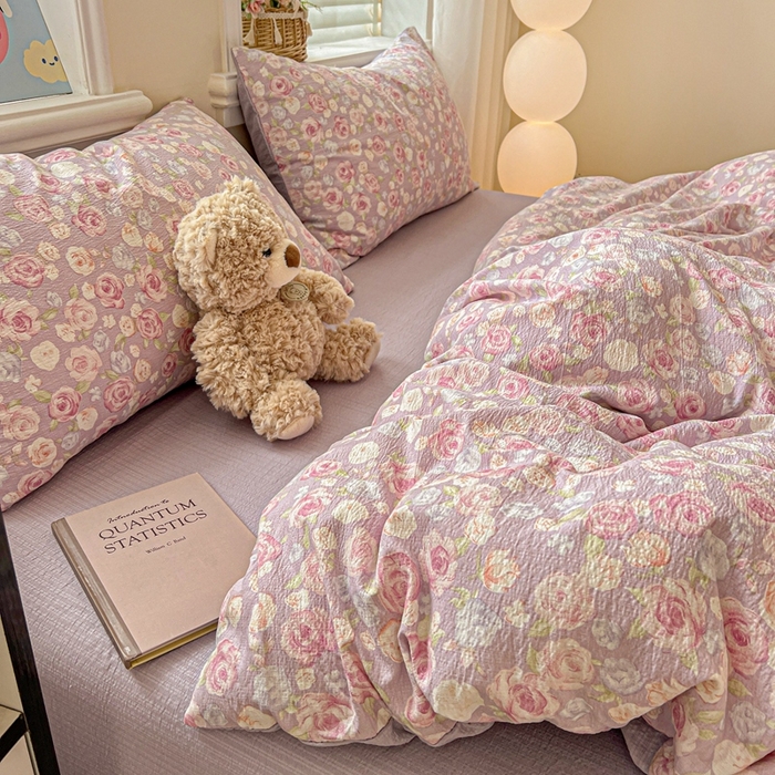 91家纺网 家纺一手货源 找家纺 仟网汇 2025新款云感皱皱纱简单款四件套 十里桃花紫