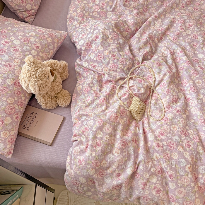 91家纺网 家纺一手货源 找家纺 仟网汇 2025新款云感皱皱纱简单款四件套 十里桃花紫