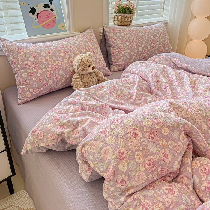 91家纺网 家纺一手货源 找家纺 仟网汇 2025新款云感皱皱纱简单款四件套 十里桃花紫