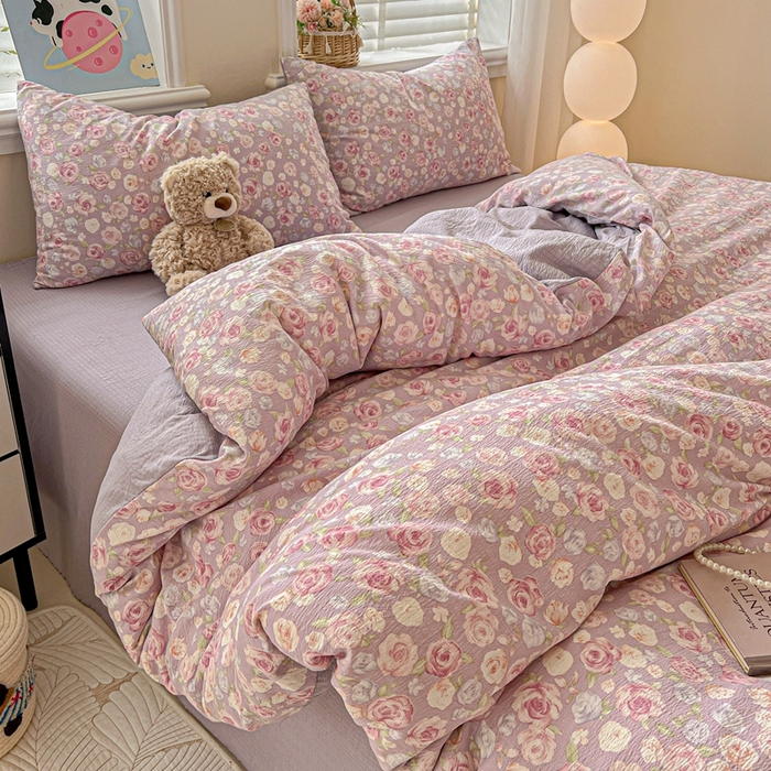 91家纺网 家纺一手货源 找家纺 仟网汇 2025新款云感皱皱纱简单款四件套 十里桃花紫