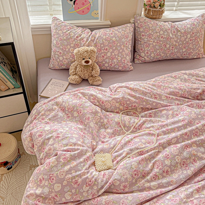 91家纺网 家纺一手货源 找家纺 仟网汇 2025新款云感皱皱纱简单款四件套 十里桃花紫