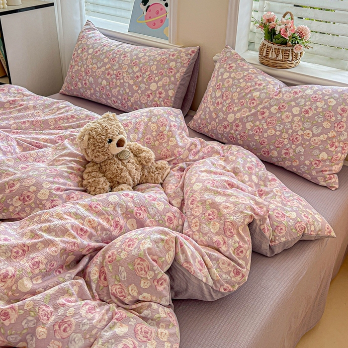 91家纺网 家纺一手货源 找家纺 仟网汇 2025新款云感皱皱纱简单款四件套 十里桃花紫