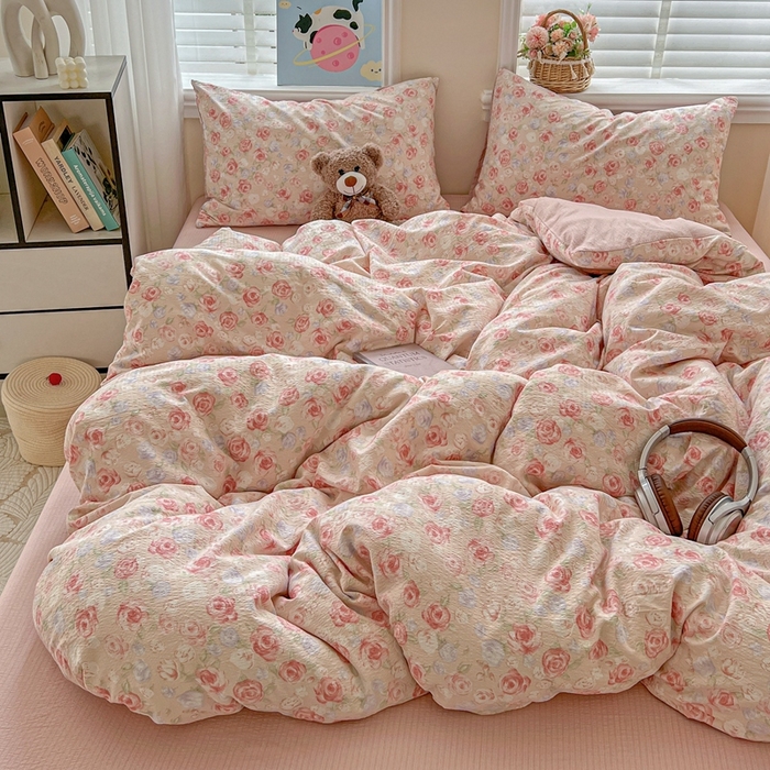 91家纺网 家纺一手货源 找家纺 仟网汇 2025新款云感皱皱纱简单款四件套 十里桃花粉