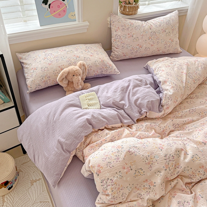 91家纺网 家纺一手货源 找家纺 仟网汇 2025新款云感皱皱纱简单款四件套 若欢紫