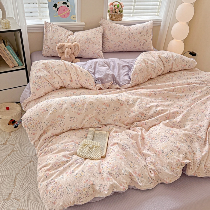 91家纺网 家纺一手货源 找家纺 仟网汇 2025新款云感皱皱纱简单款四件套 若欢紫