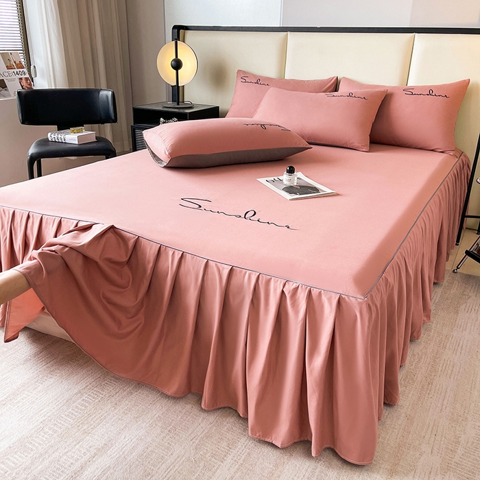 七仙女家纺 2025新款水洗磨毛刺绣轻奢简约系列单床裙单品床裙床裙单件 豆沙色