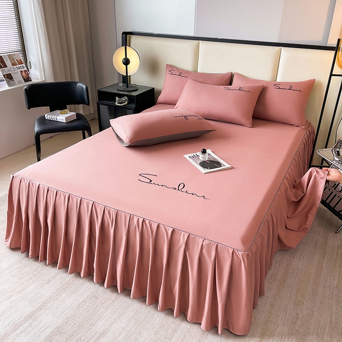 91家纺网 家纺一手货源 找家纺 七仙女家纺 2025新款水洗磨毛刺绣轻奢简约系列单床裙单品床裙床裙单件 豆沙色