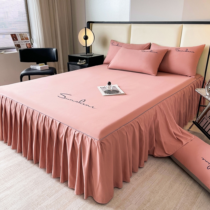 91家纺网 家纺一手货源 找家纺 七仙女家纺 2025新款水洗磨毛刺绣轻奢简约系列单床裙单品床裙床裙单件 豆沙色