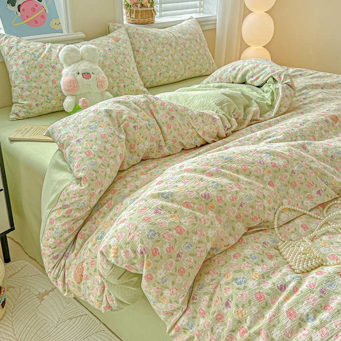 91家纺网 家纺一手货源 找家纺 仟网汇 2025新款云感皱皱纱简单款四件套 郁金香小兔绿